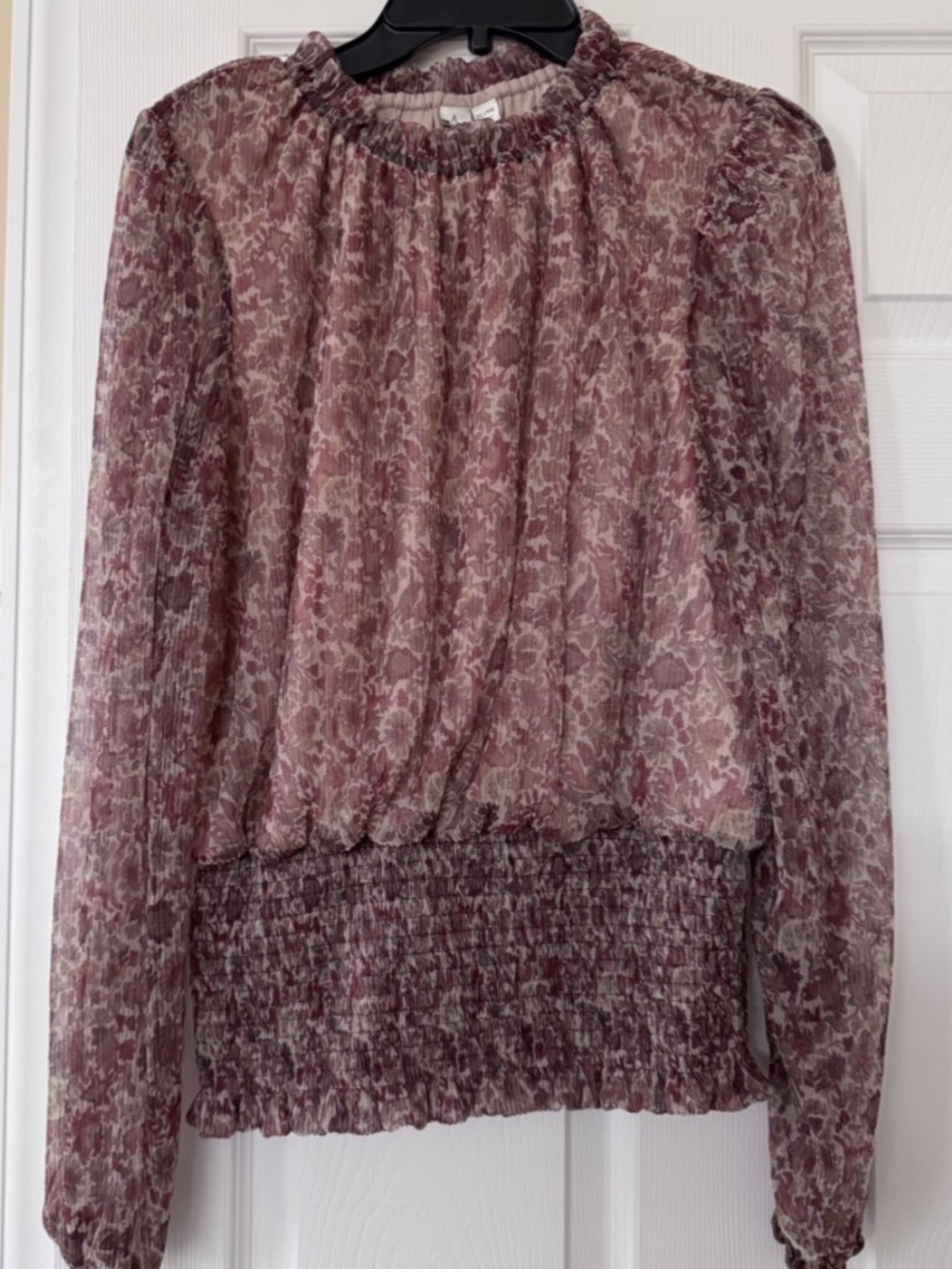 Joie Floral Metallic Sheer Blouse Smocked Waist Gathered Neck Long Sleeve Sz XL